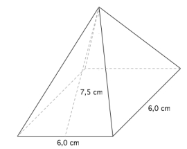 Pyramide med kvadratisk grunnflate med side 6,0 cm. 4 trekanter utgjør sidene, høyden i en trekant er 7,5 cm